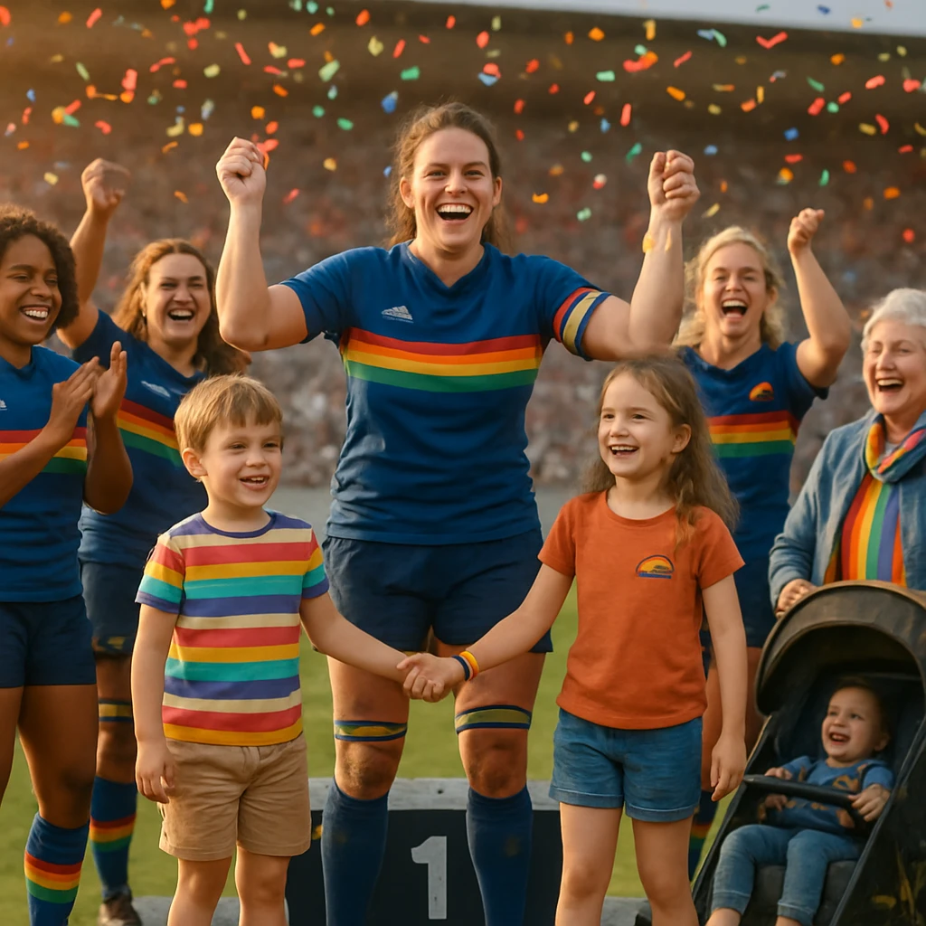 表彰台の上で選手や子ども、高齢者がカラフルな紙吹雪の中で一緒に笑顔を見せている様子。