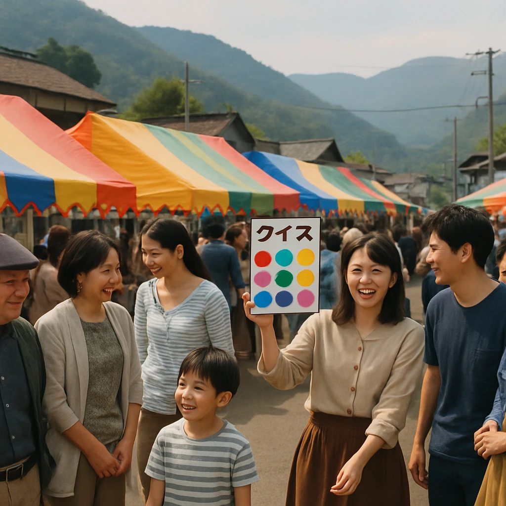 七色のテントが並ぶ町の広場で、様々な年齢と背景の住民が集まり、楽しげに交流している様子。