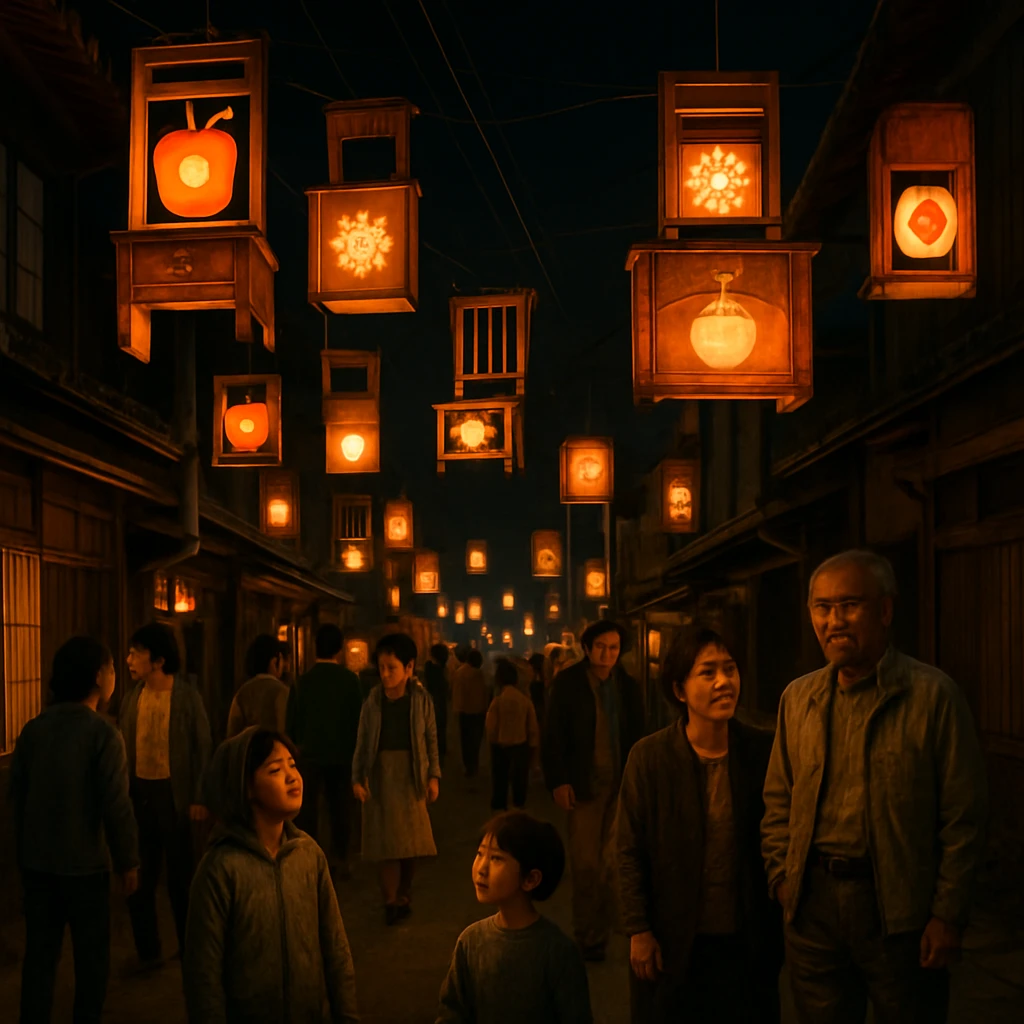 夜の町のメインストリートにアップサイクルされた家具を使った色とりどりのランタンが灯り、多世代の人々が穏やかに集まっている様子。
