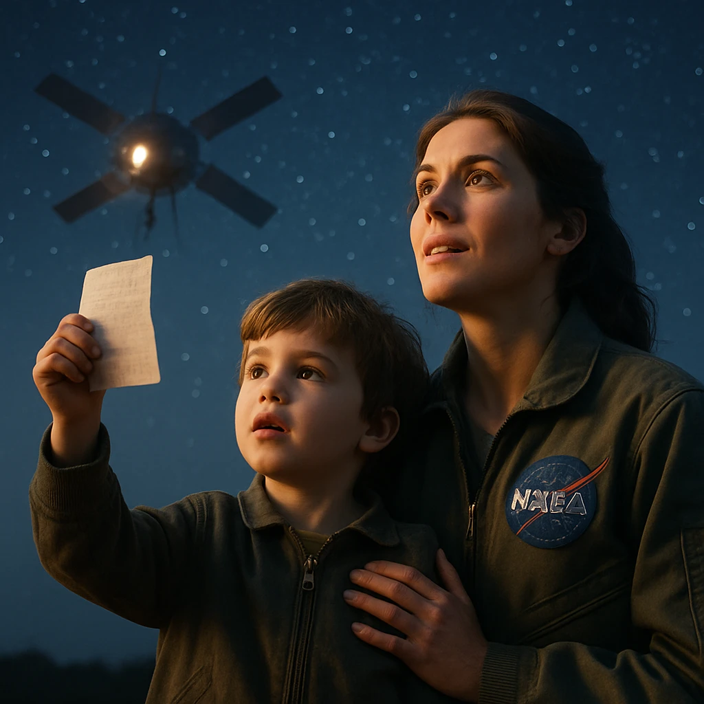 幼稚園児の男の子と宇宙機構の女性職員が星空の下で手紙を掲げ、宇宙探査機が遠くに見える夜の風景。
