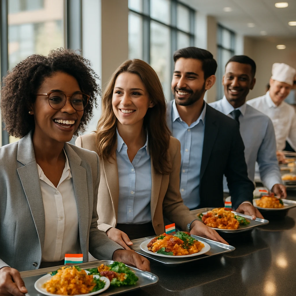 多国籍な従業員たちが色とりどりの国旗付き料理を受け取るために明るい社員食堂で並んでいる様子。