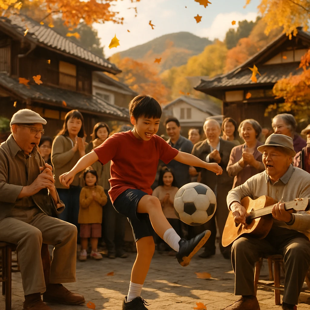 秋晴れの村の広場で、少年がサッカーボールを操り、年配の音楽バンドが演奏する中、老若男女が笑顔で見守る様子。
