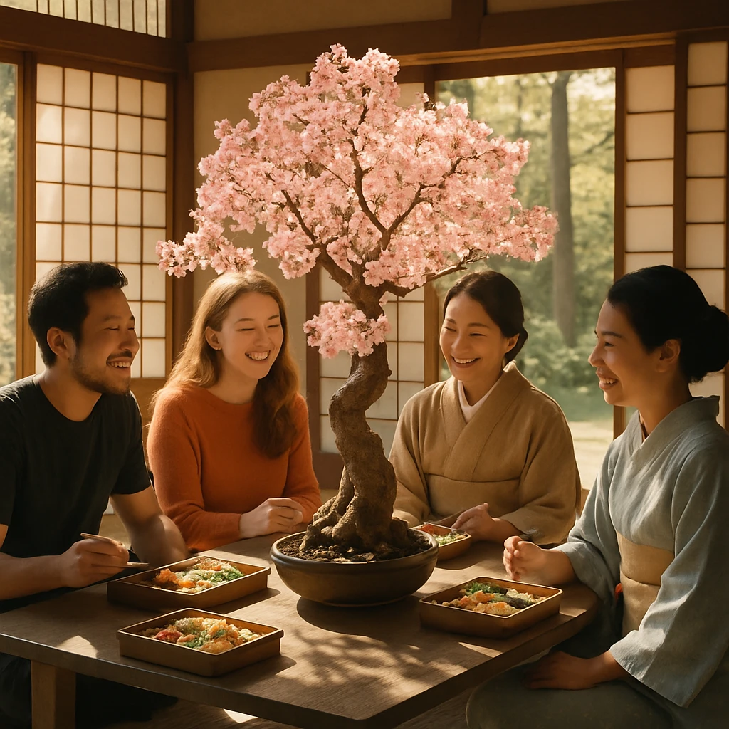 畳と障子に囲まれた和風コワーキングスペースの中央で、満開の桜の盆栽を囲み笑顔で弁当を分け合う人々の様子。