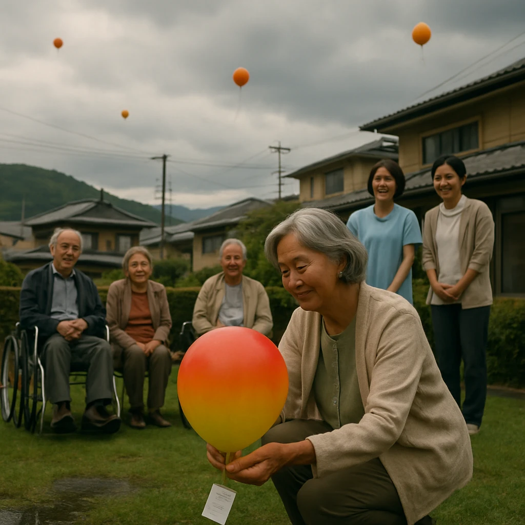 雨上がりの老人ホームの庭で、年配の女性がカラフルな観測風船の伝言カードを手にして微笑んでいる様子。