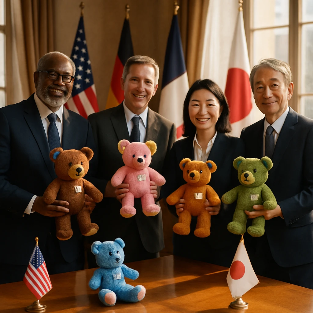 各国の外交官たちがカラフルな手作りテディベアを持ち、会議室で笑顔で交流している様子。