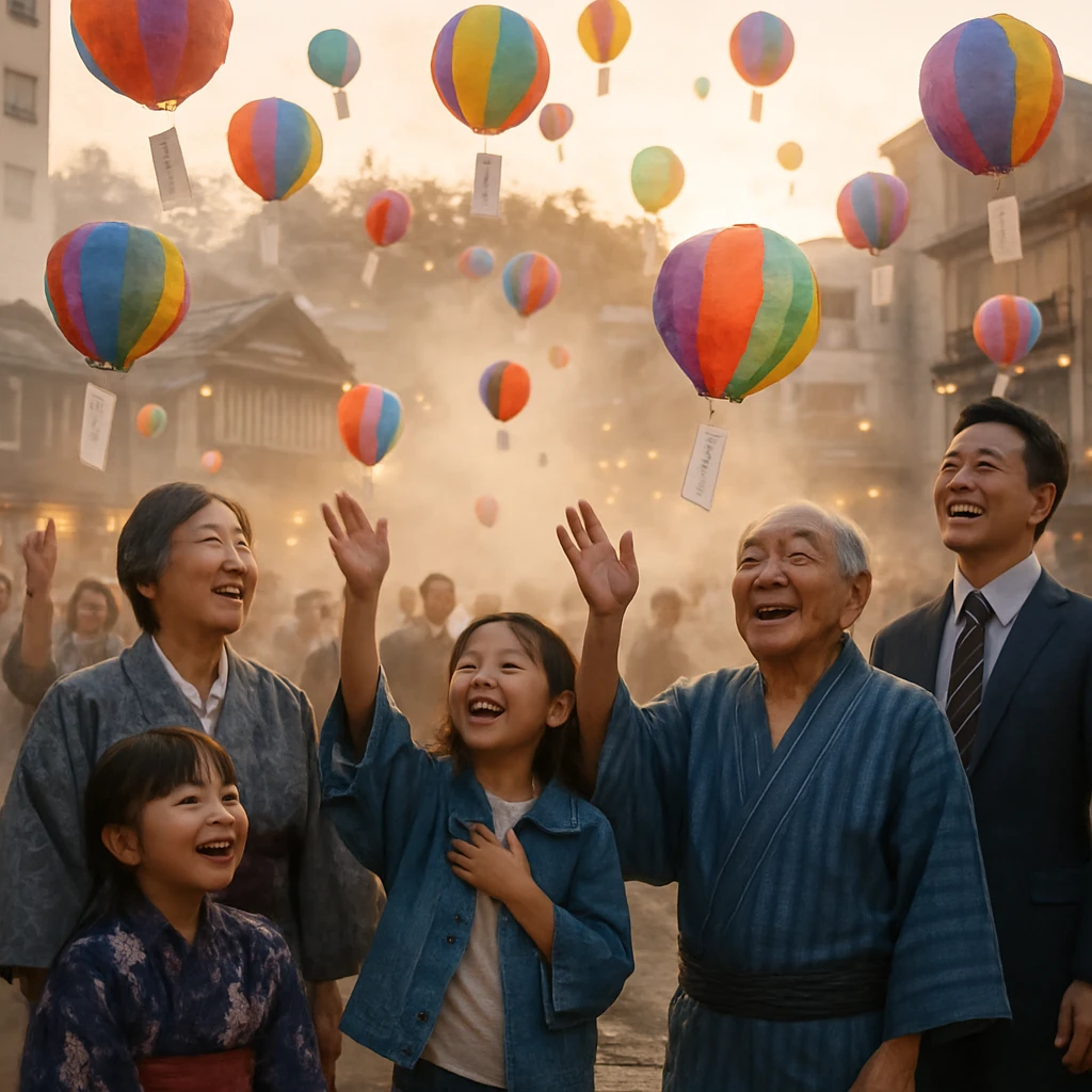 朝の温泉町の広場で、子どもや高齢者、起業家たちが色とりどりの紙風船を空に放つ様子が写っている。