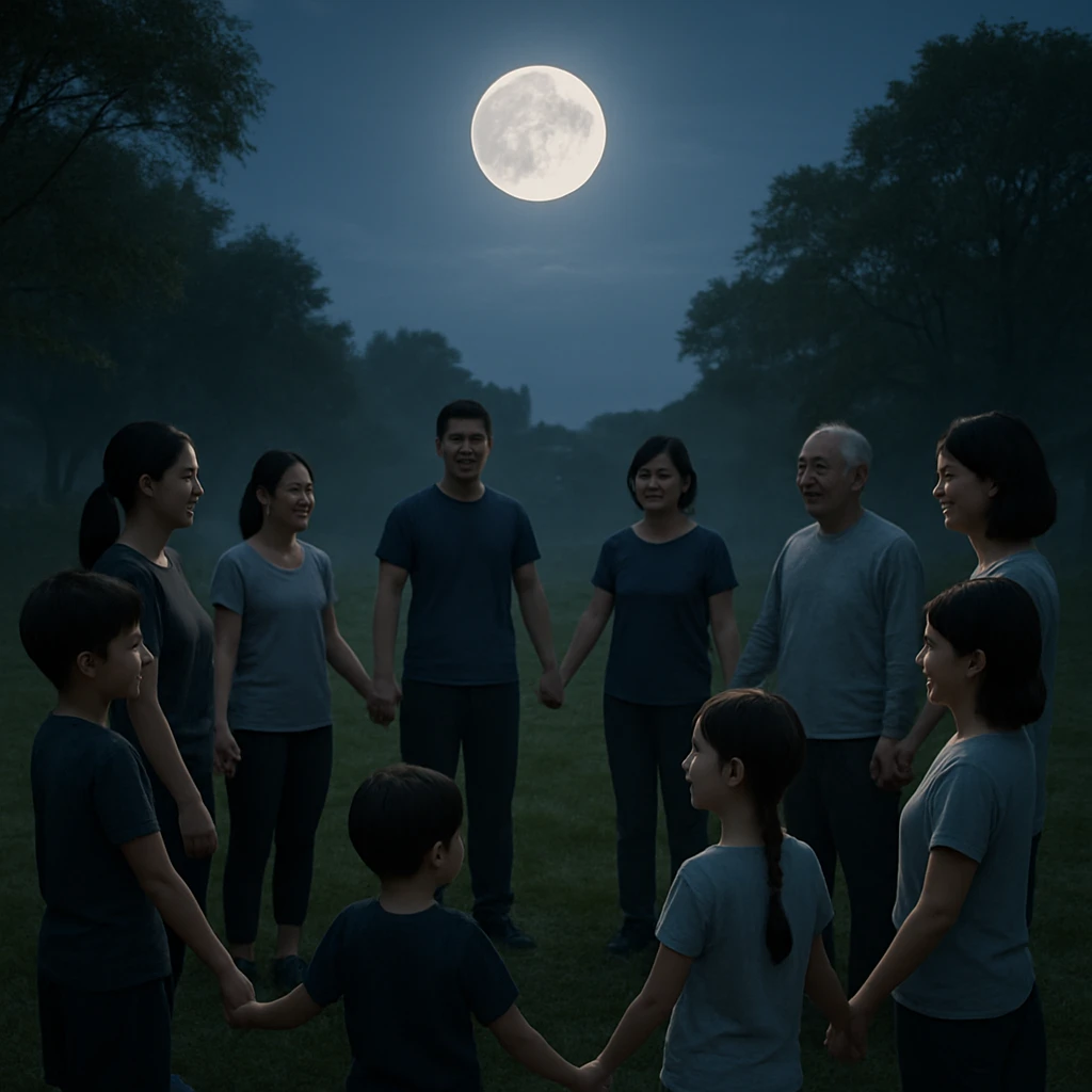 満月の夜、北海道釧路市郊外の小さな公園で、子どもから高齢者までの人々が静かに大きな輪になり、手をつないでいる様子。