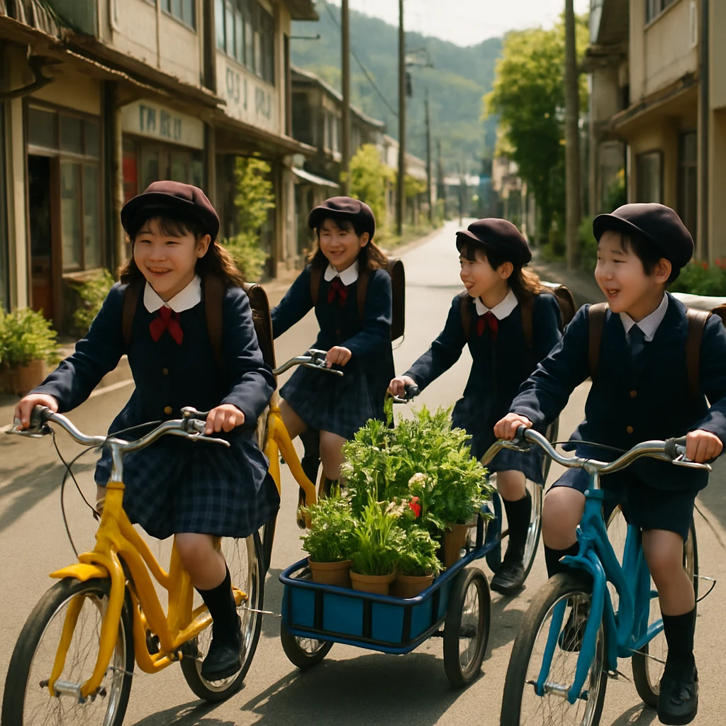 自転車で鉢植えを運ぶ小学生たちが春の町並みを明るく走る様子。