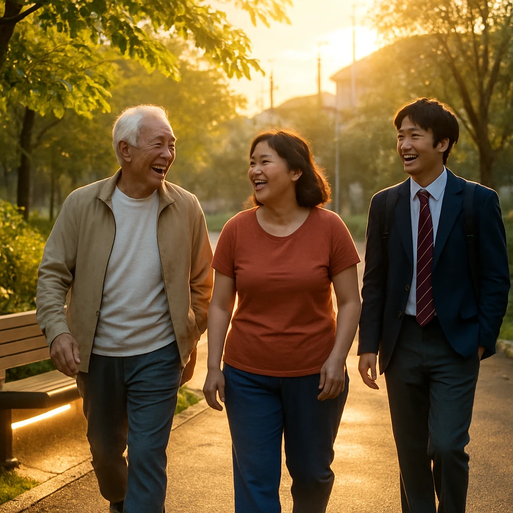 新緑の茂る東京郊外の公園で、さまざまな年齢層の人々が朝日を浴びながら楽しそうに歩く姿。