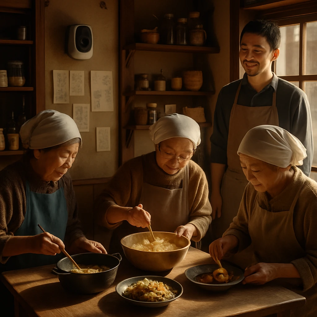 小さなカフェでおばあちゃんたちが和食を調理し、店長とともに笑顔で集まる温かい店内の様子。