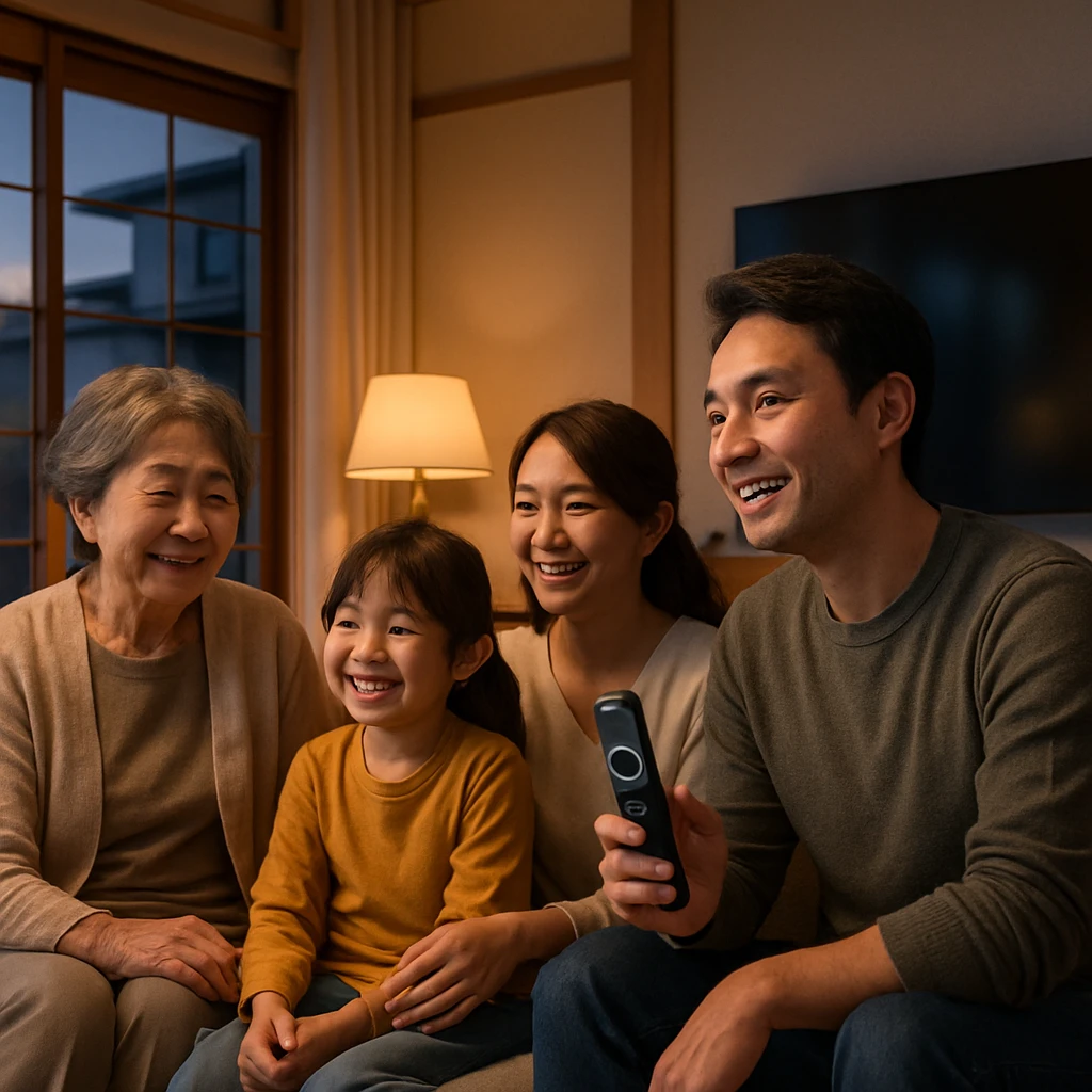 明るいリビングで4人家族がソファに座り、父親がスマートテレビのAIリモコンを手にみんなで笑顔を交わしている様子。