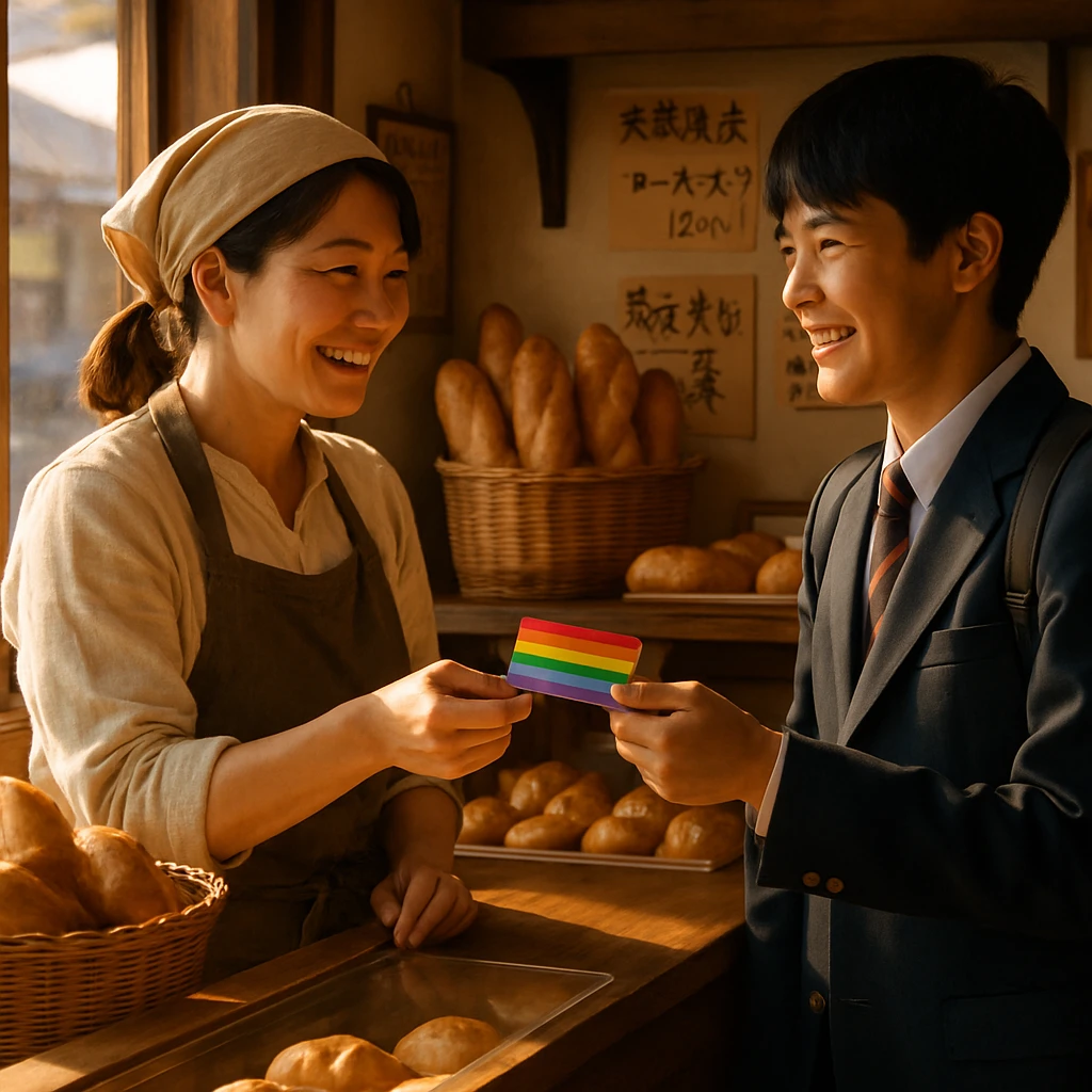和やかな町のパン屋で女性パン職人が虹色のカードを高校生に手渡している様子の写真。