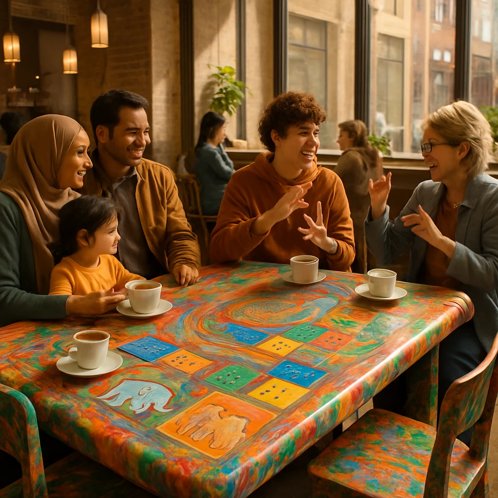 虹色プラスチックのテーブルと椅子に座る多様な人々が、明るく温かなカフェで談笑している様子。