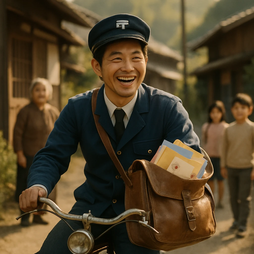 高原の静かな路地で、満面の笑みを浮かべた小柄な郵便配達員が自転車で配達する様子。