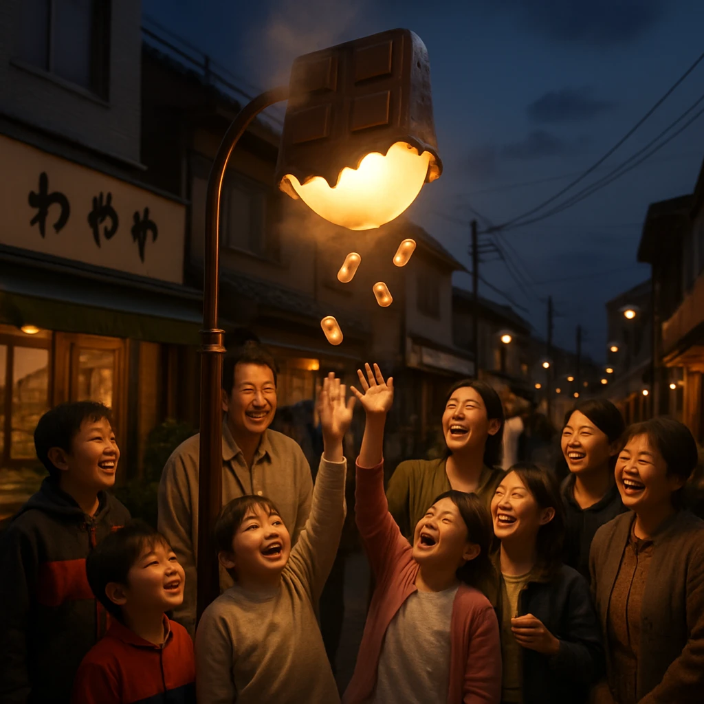 夕暮れの商店街で、チョコレート型街灯の下に人々が集まり、甘い香りと明るい光に包まれている様子。