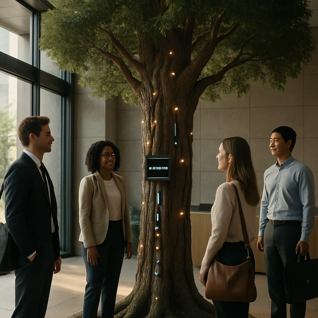 オフィスのエントランスに設置されたリアルな大木型AI装置と、笑顔で木を見上げる従業員たちの写真。