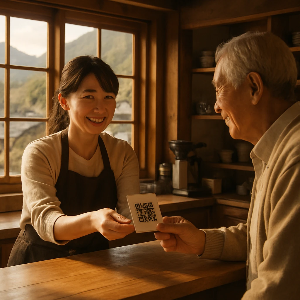 木の温もりあるカフェで女性店主が高齢の客にQRコード付きの紙カードを手渡している様子。