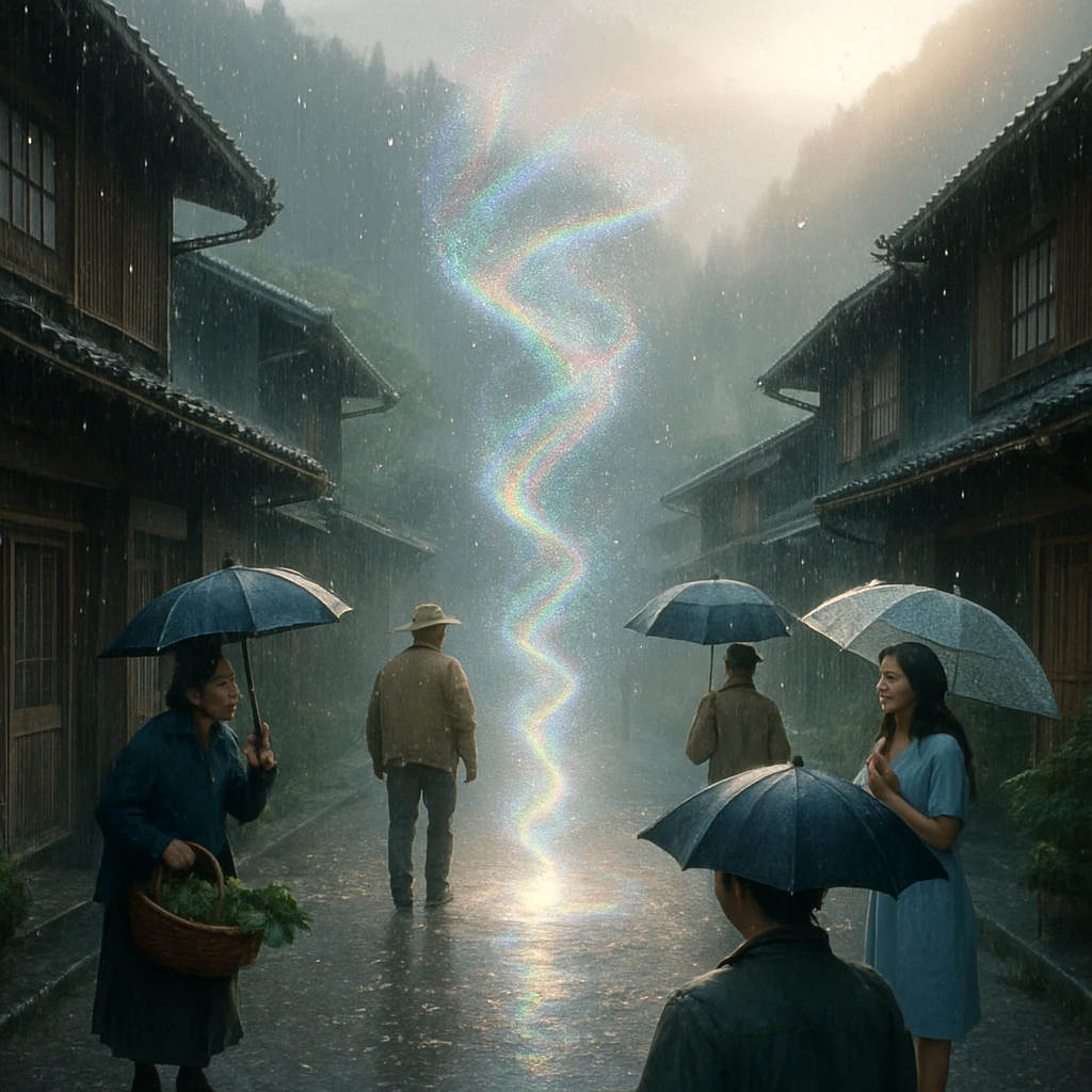 早朝の山間の村で、色とりどりに光る小さな竜巻が雨の中ゆるやかに渦巻き、村人たちが野菜を持ちながら見上げている様子。