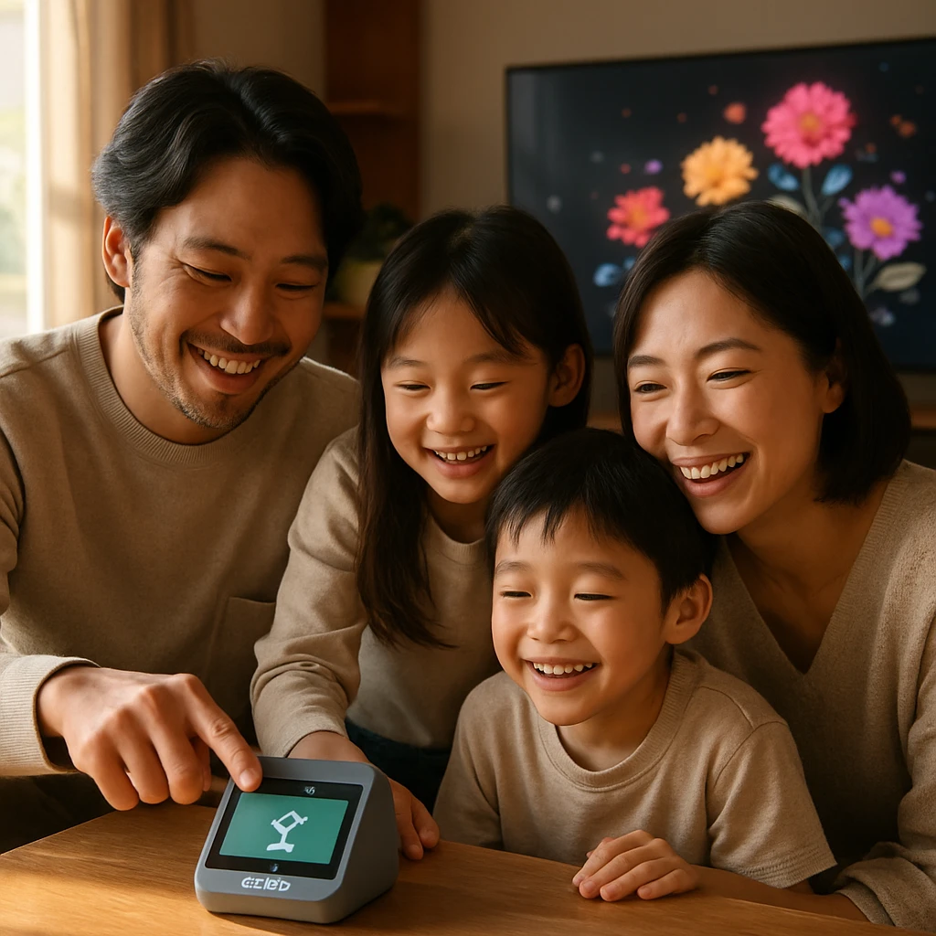 リビングのテーブルを囲んで電子カードリーダーを操作する笑顔の日本人家族4人の様子。