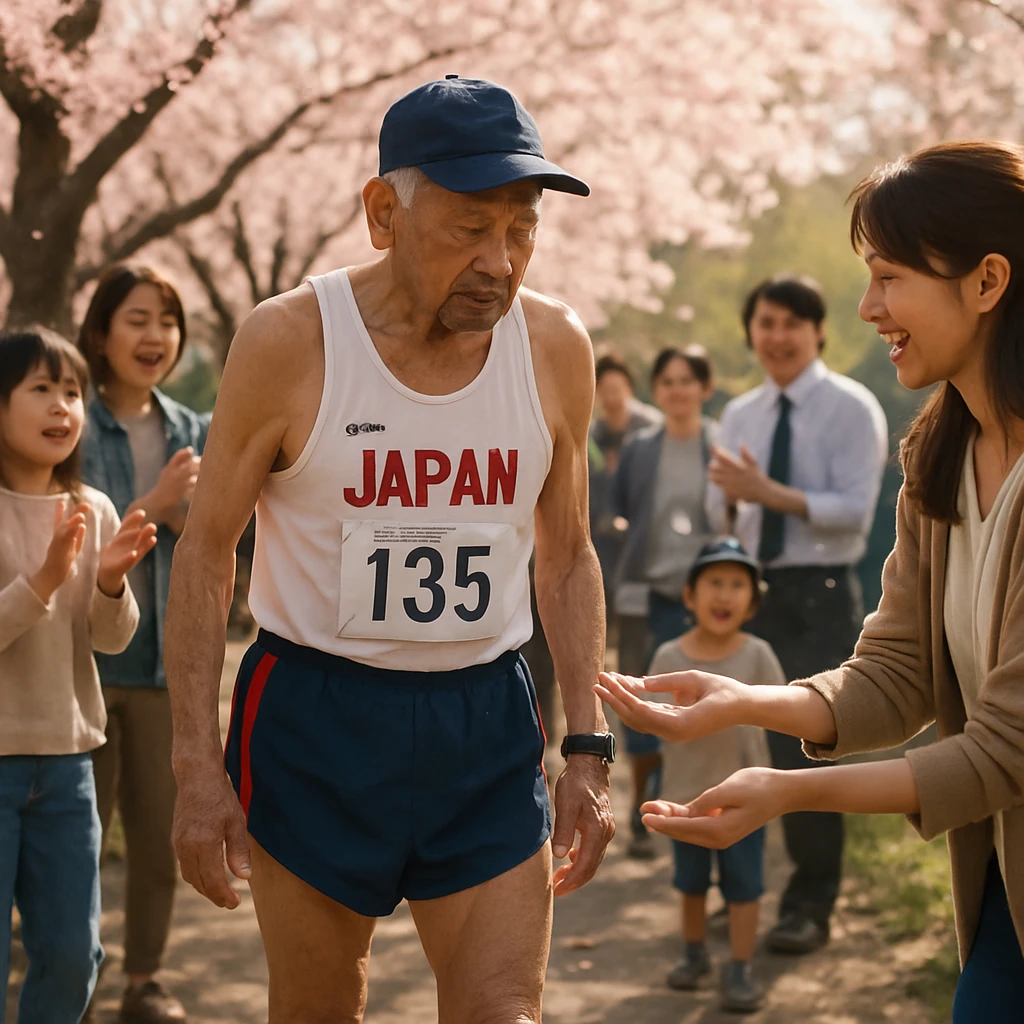 満開の桜並木の下で、年配のランナーが人々と交流しながら歩いている写真。