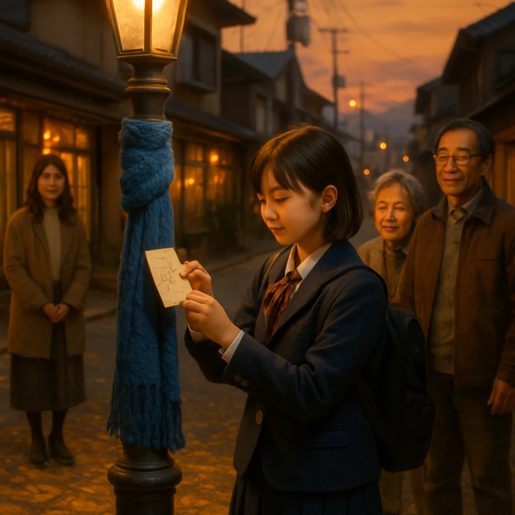 夕暮れの町角で、青いマフラーに手紙を結ぶ少女と、それを温かく見守る人々が写っている写真。