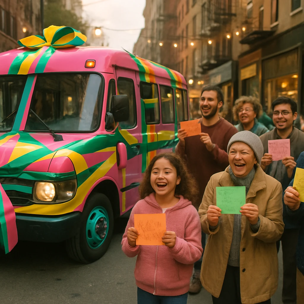 ピンク・黄色・エメラルドグリーンのリボンで飾られたバスが、街角で人々に囲まれて停車している様子。