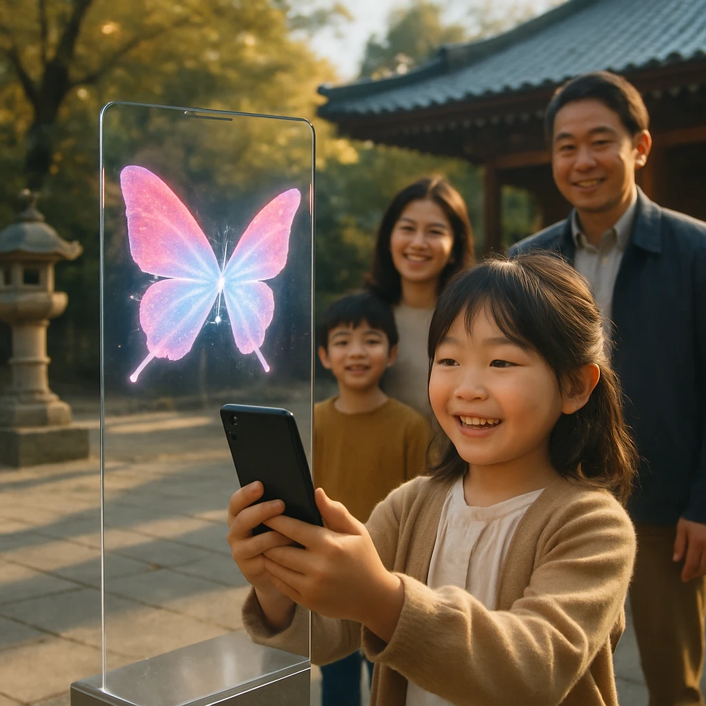 秋の日差しの中、家族と一緒にスマートフォンをかざしてデジタル御朱印蝶を見上げる少女が寺の境内に立つ写真。
