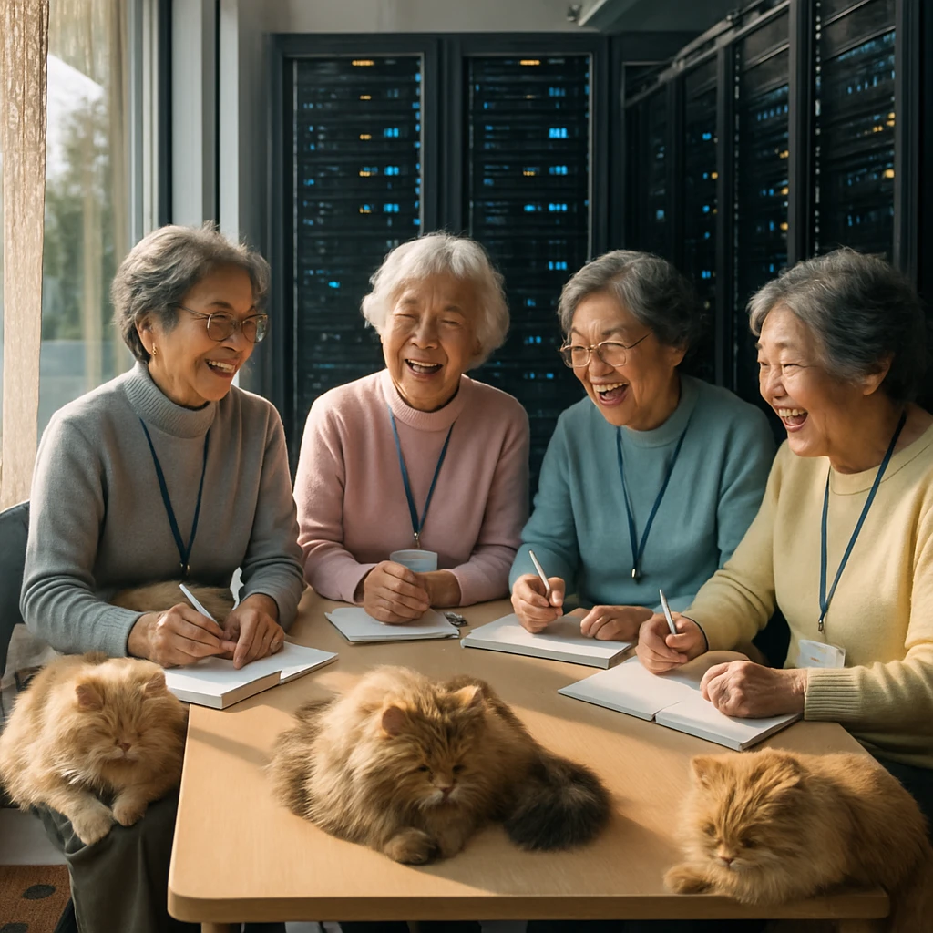 データセンターのテーブルに座るおばあちゃんエンジニアたちと、その膝でくつろぐ猫たちの様子。