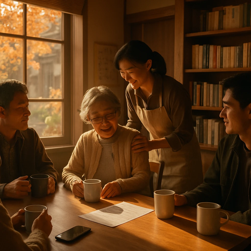 秋の朝、喫茶店の木のテーブルでスタッフが高齢女性にスマートフォン申請を笑顔で手伝っている様子。