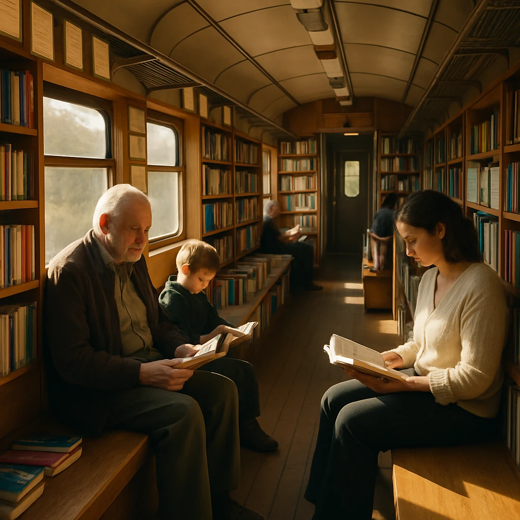 小さな図書館に改装された列車内で、さまざまな年代の乗客がベンチに座り本を読んでいる様子。