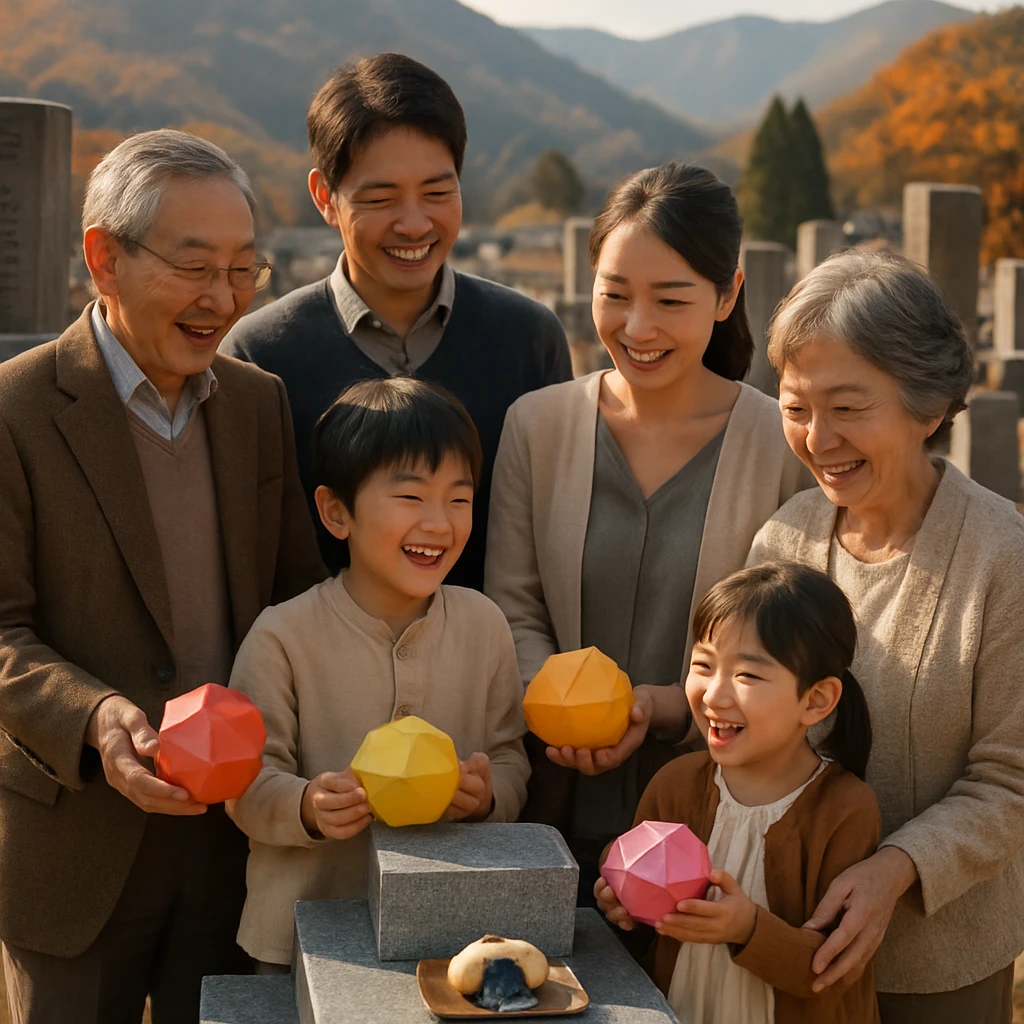 秋晴れの下、家族や友人たちがカラフルな風船や和菓子を囲みながら墓前で微笑み合う様子。