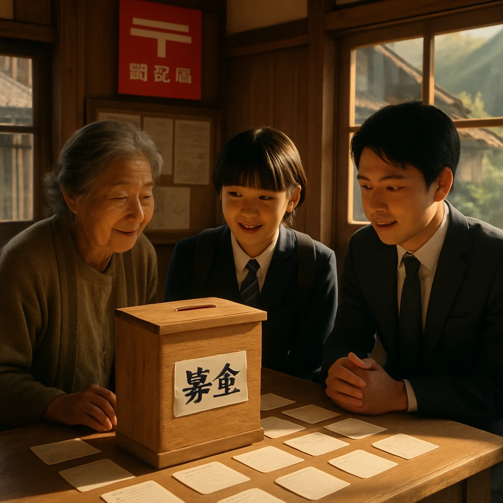 北陸の山町にある郵便局窓口で、住民が手作りの木箱「シード資金箱」を囲んでいる様子。