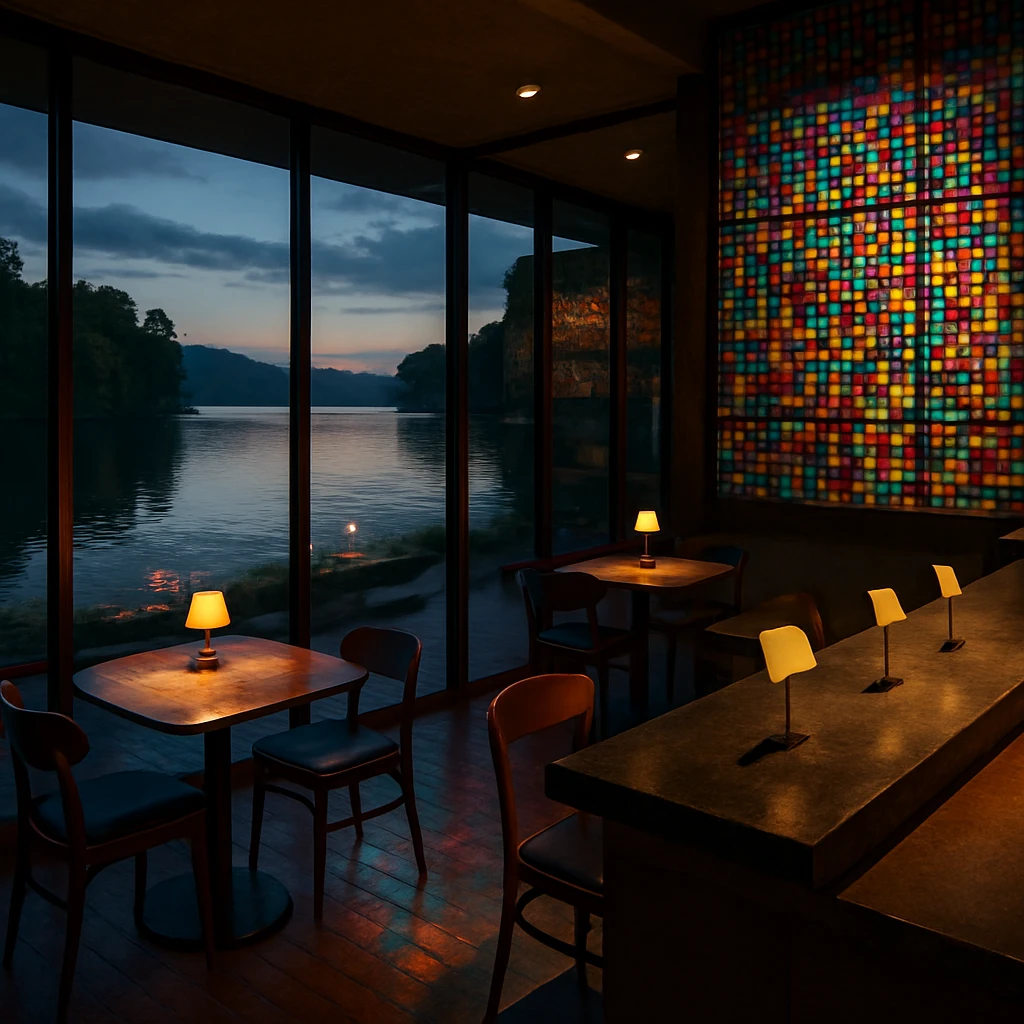モザイク模様のガラス越しに光が広がる湖畔のガラス張りカフェ店内で、カウンターにはスタッフの姿がなく名前プレートだけが浮かぶ様子。