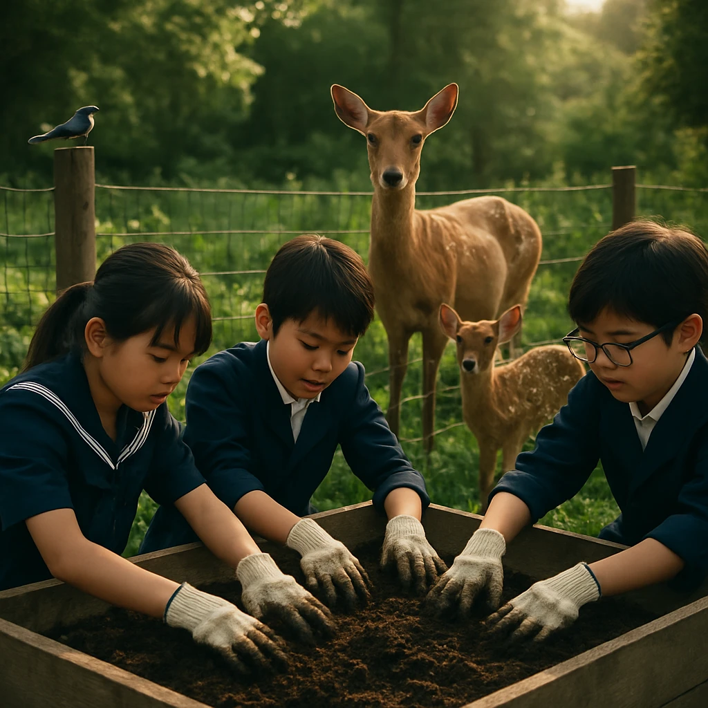 和田木町の学校で児童たちが堆肥を混ぜている傍ら、鹿の親子が柵越しに見守る風景。