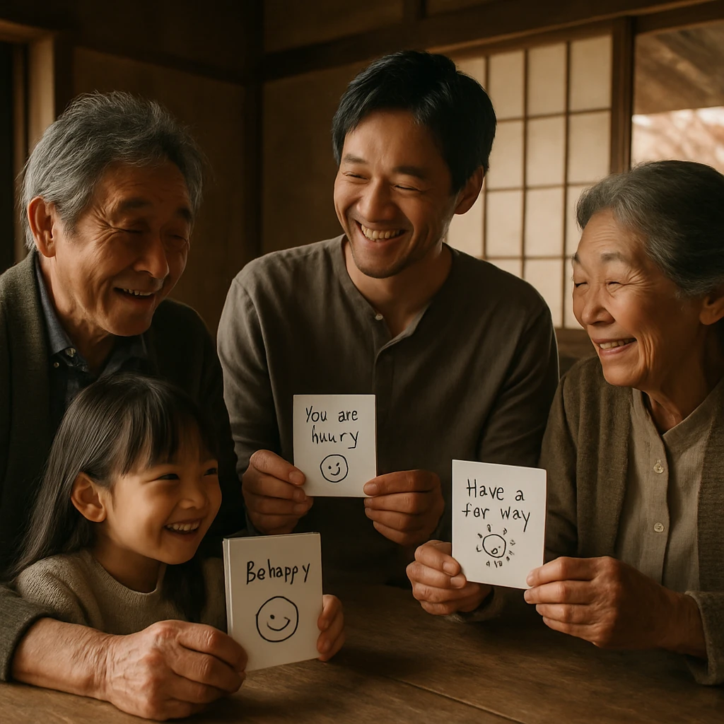 日本の田舎の家で家族が手書きのカードを笑顔で贈り合う様子を撮影した写真。