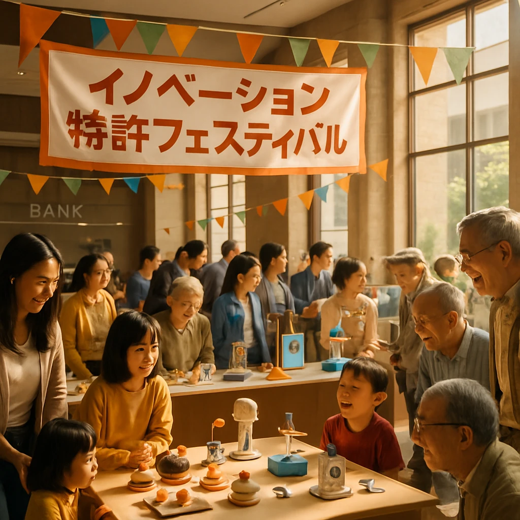 銀行のロビーで子どもから高齢者まで多くの人が楽しげに発明体験ブースを囲んでいる様子。