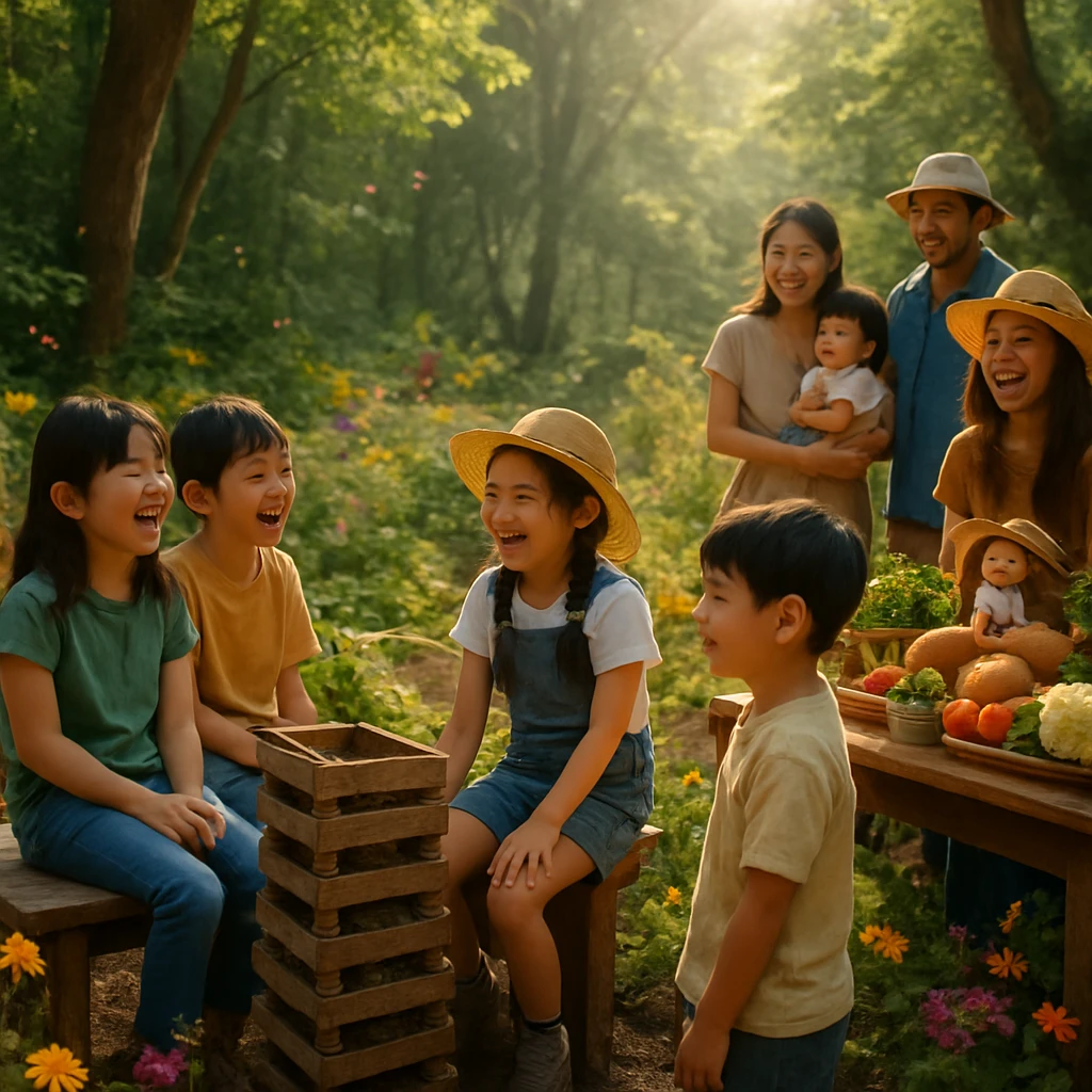 里山の緑溢れる広場で、手作りベンチやコンポストタワーの周りに子どもたちや家族が集まり、自然の中で笑顔を交わす様子。
