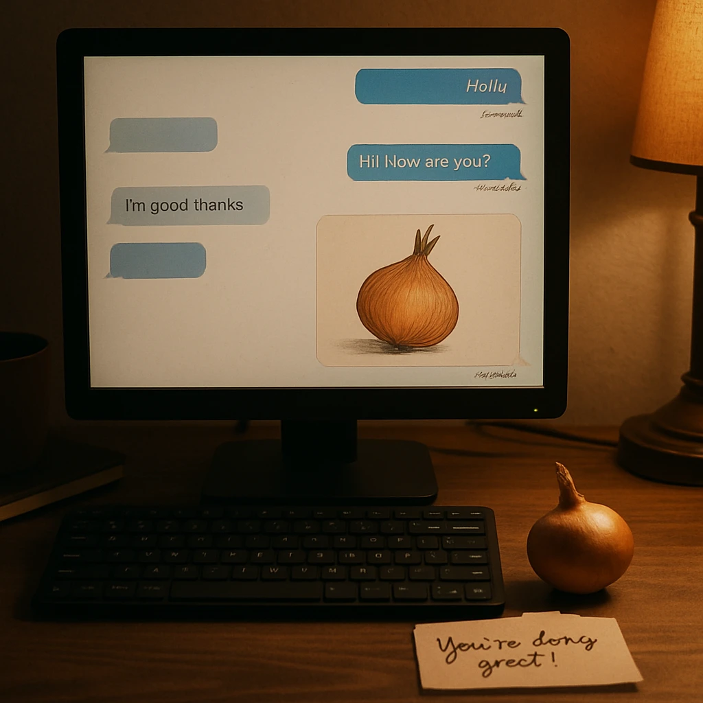 ノートパソコンの画面に手書きの玉ねぎイラスト付きメッセージが表示され、机の上に小さな玉ねぎと手書きメモが添えられている様子。