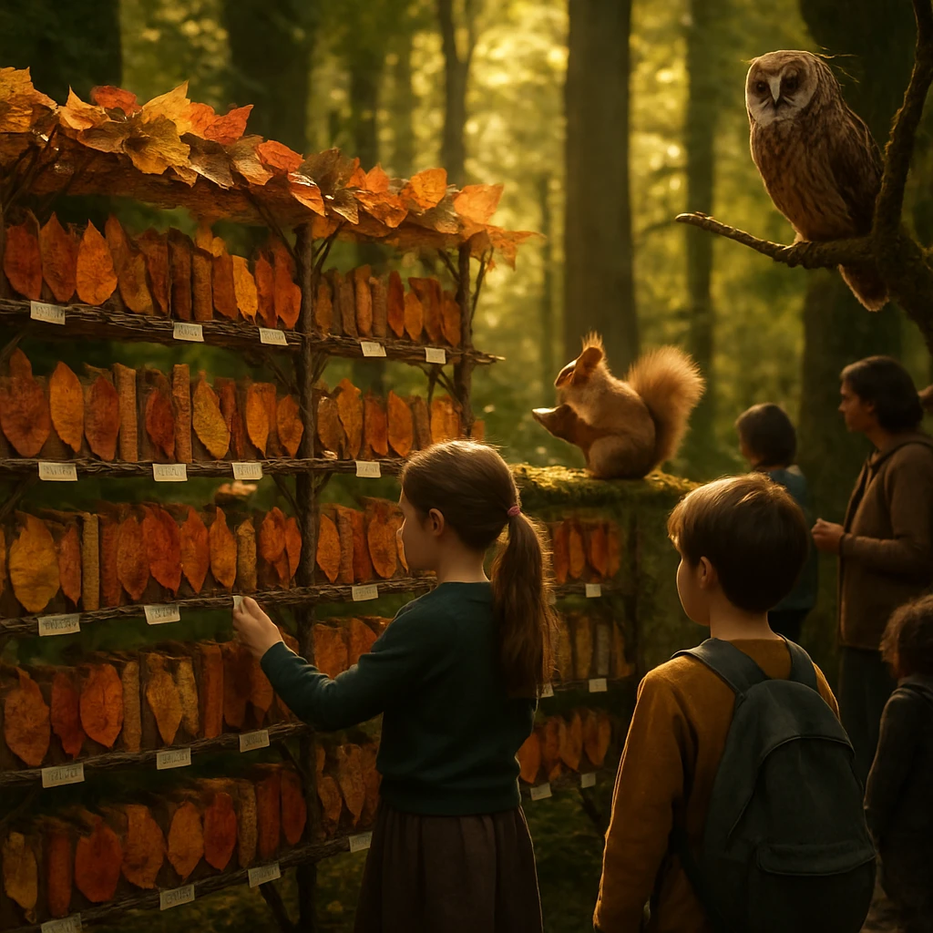 森の中に木の枝と葉っぱでできた本棚が並び、子どもや大人、リスやフクロウが集う図書館の様子。