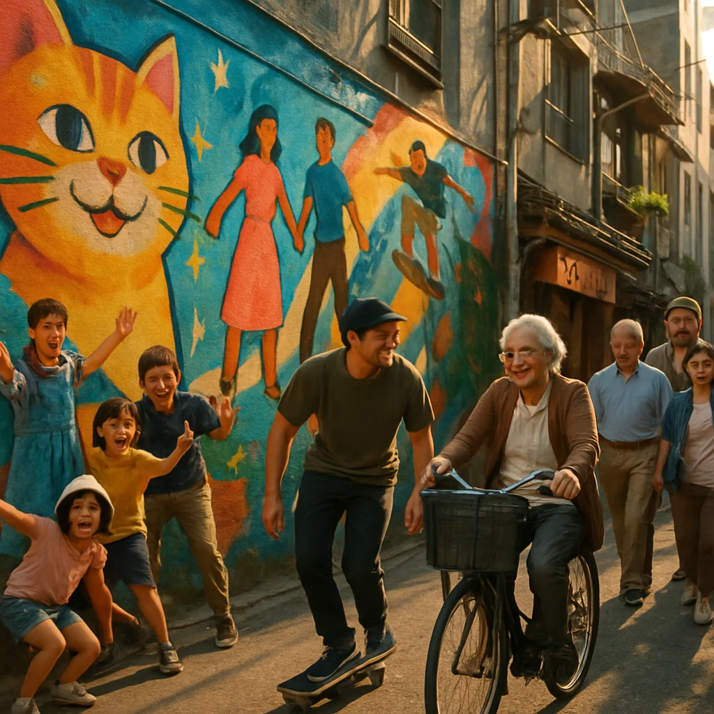 カラフルな壁画を背景に、スケートボードに乗る若者と自転車に乗る高齢者が笑顔で並ぶ街角の風景。
