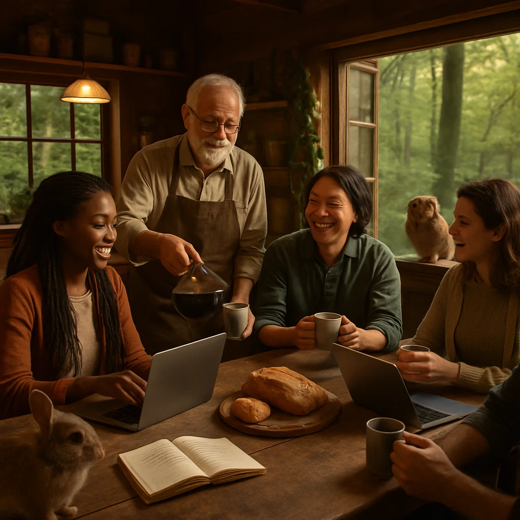 森の中の木造カフェで大きなテーブルを囲み笑顔を見せる社員たちと、コーヒーや手作りパン、そしてウサギとフクロウが共にいる様子。