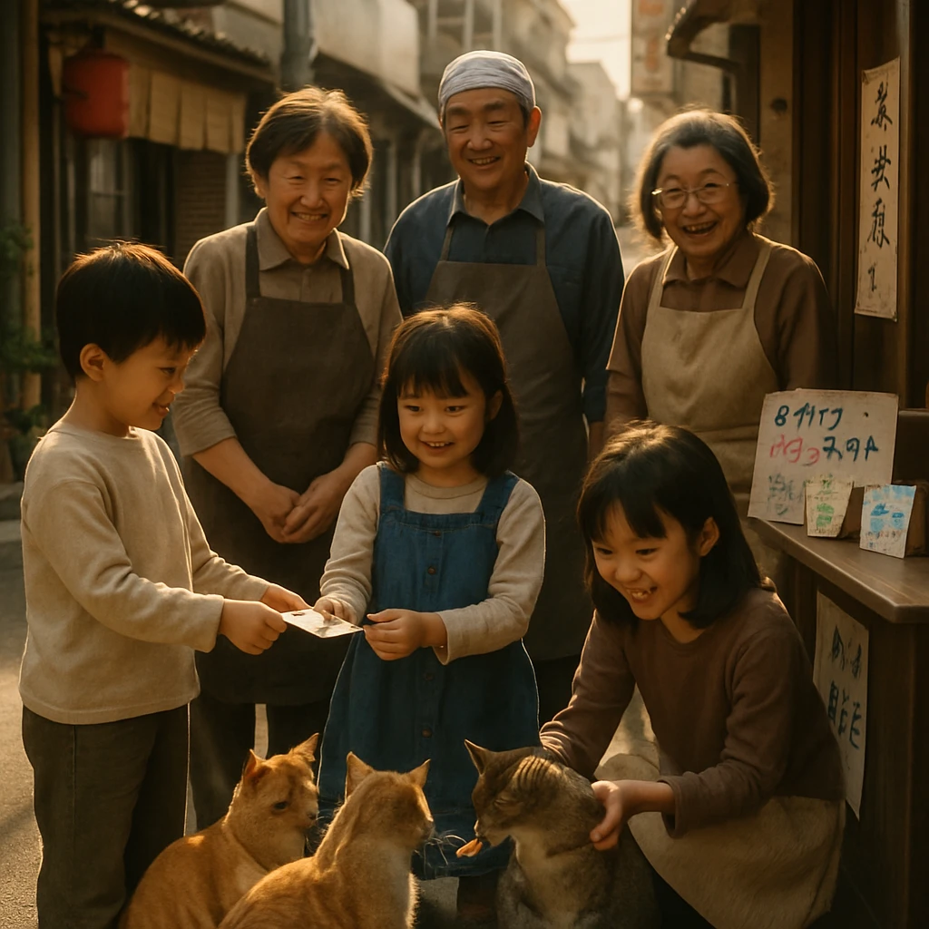 商店街の路地で子どもたちが猫に餌をあげ、店主や住民が優しく見守る様子を写した写真風画像。