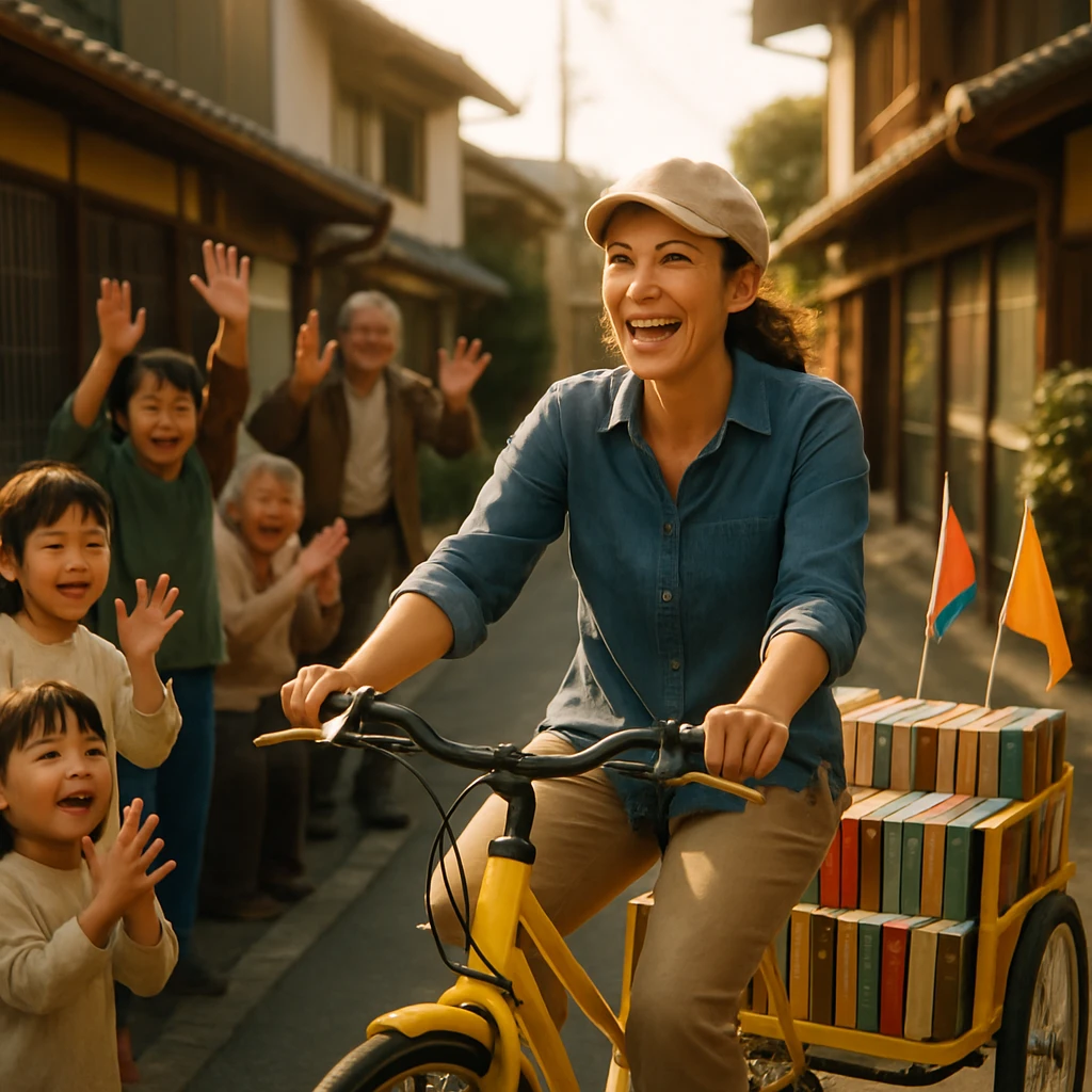 黄色い自転車に本をたくさん積んだトレーラーを引き、笑顔の女性が住宅街を走る様子と、その周囲に集まる町の人々。