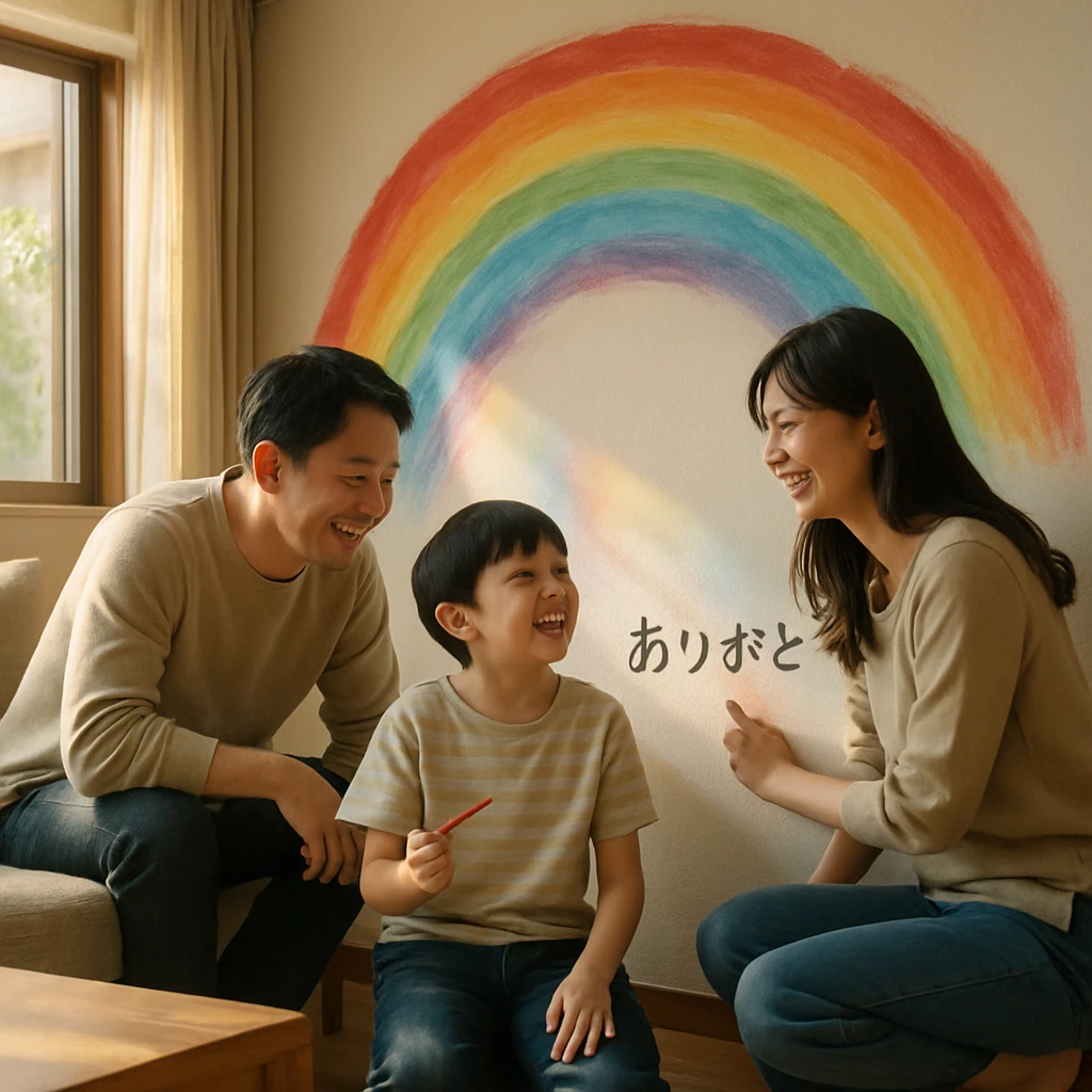 日本の家族がリビングの白い壁にカラフルな虹の絵と幸せな瞬間を描いている様子。