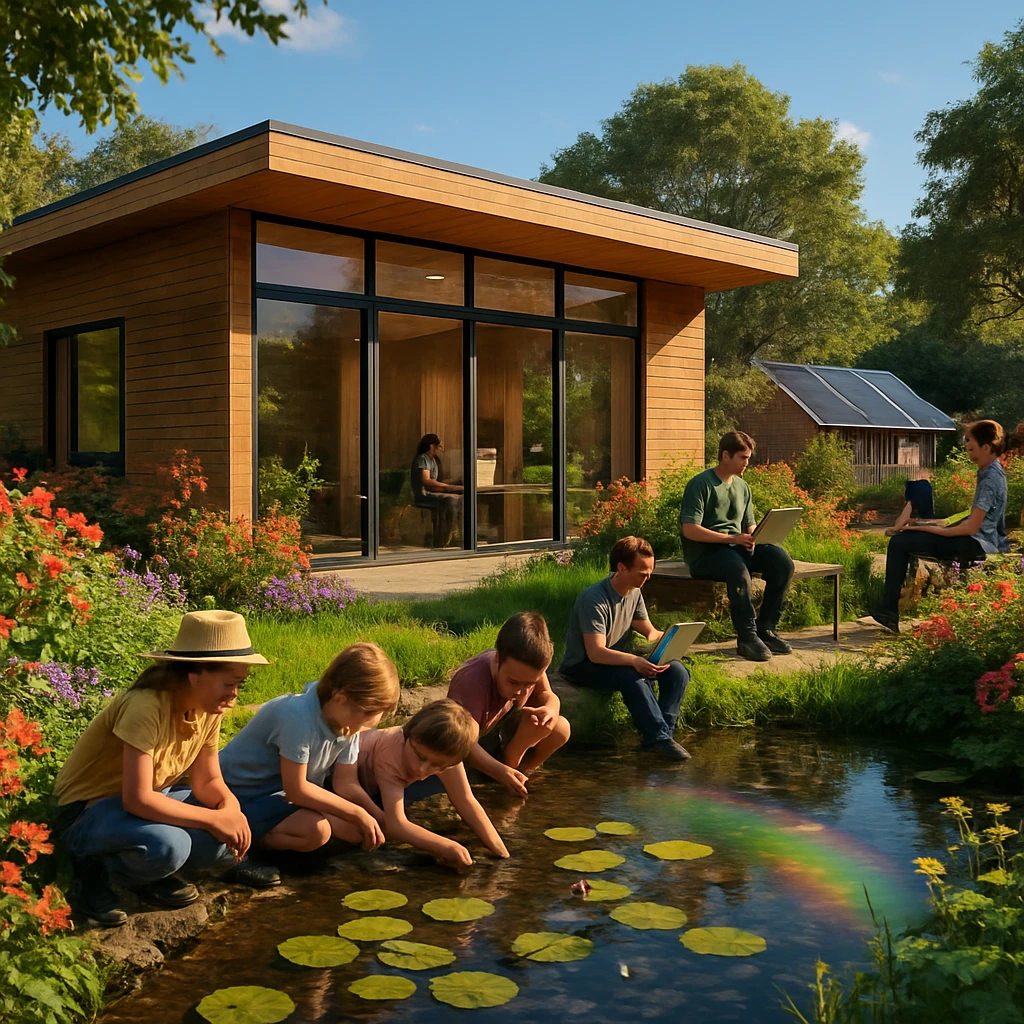 虹色の光が水面に映る池のほとりで、子どもと大人たちが集う木造オフィスと花々に囲まれた風景。