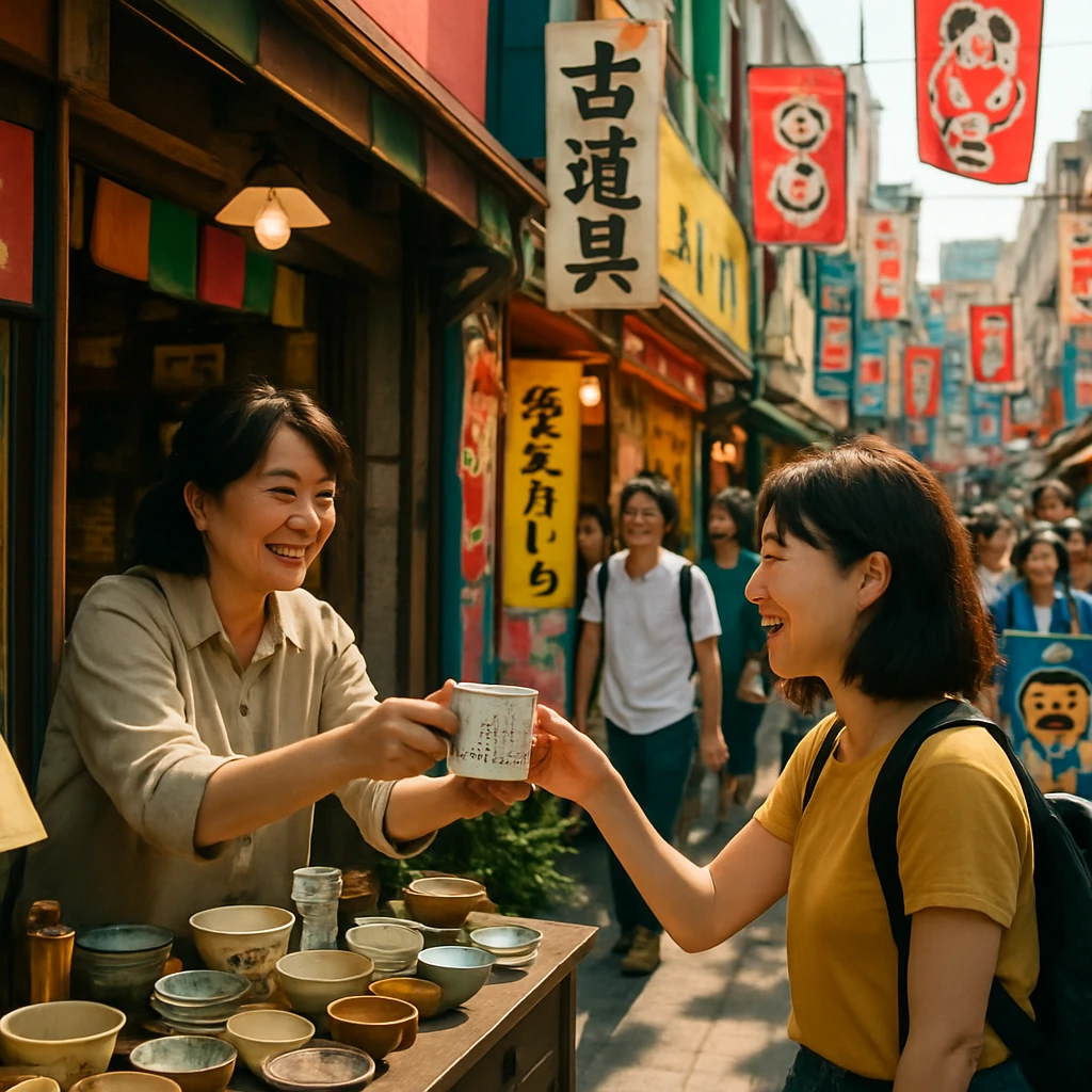 カラフルな商店街で、店主が幸せのメモ付きマグカップを若い客に手渡している様子。