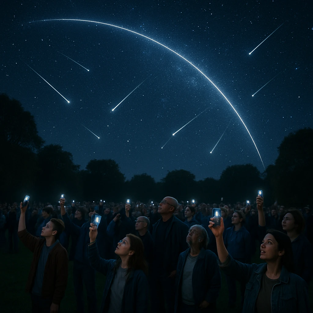 多くの人々が夜の公園でスマートフォンを掲げ、星空と光のアーケードを見上げている様子の写真。