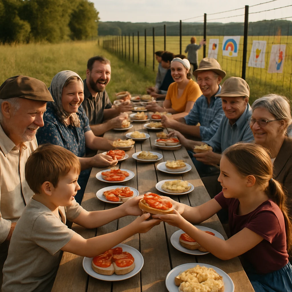 国境フェンスのそばの野原に設けられた長いテーブルで、多様な年齢層の村人たちがサンドイッチを分け合い、笑顔で交流している様子。