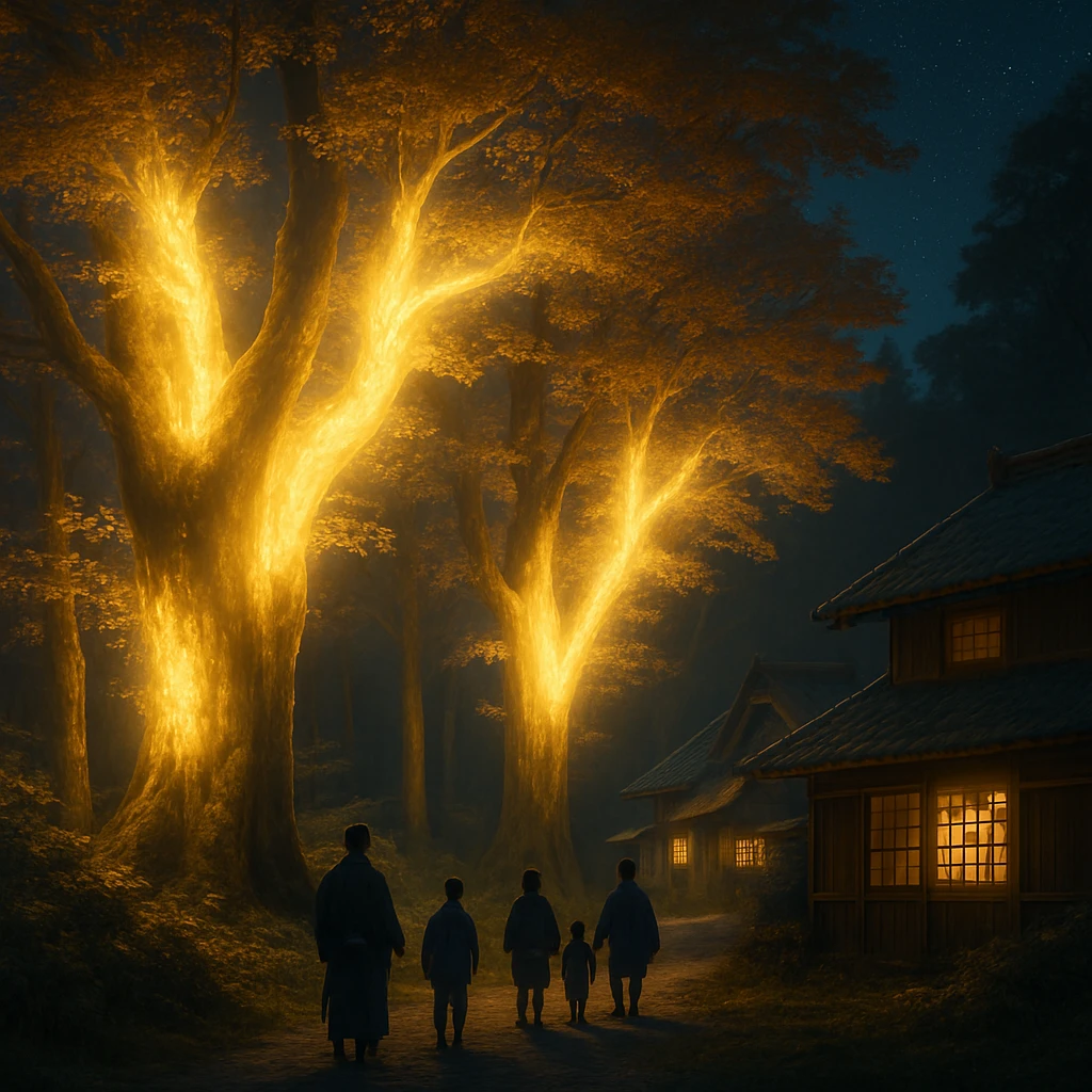 夜の森で、優しく光る木々が村の家々や歩く人々を照らしている様子。