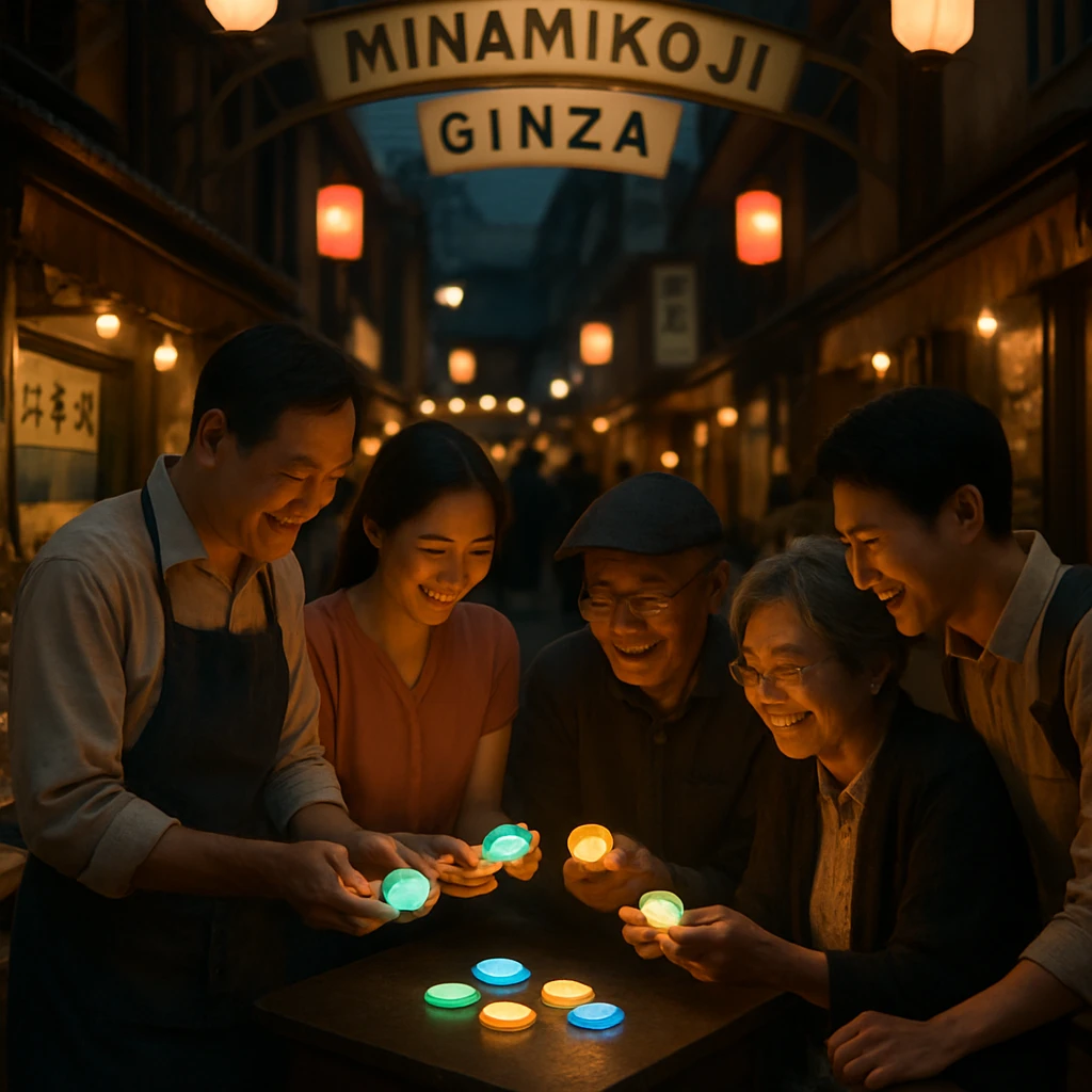 南小路銀座の商店街で、店主や住民たちが光る手作り硬貨を囲んで微笑み合う様子。